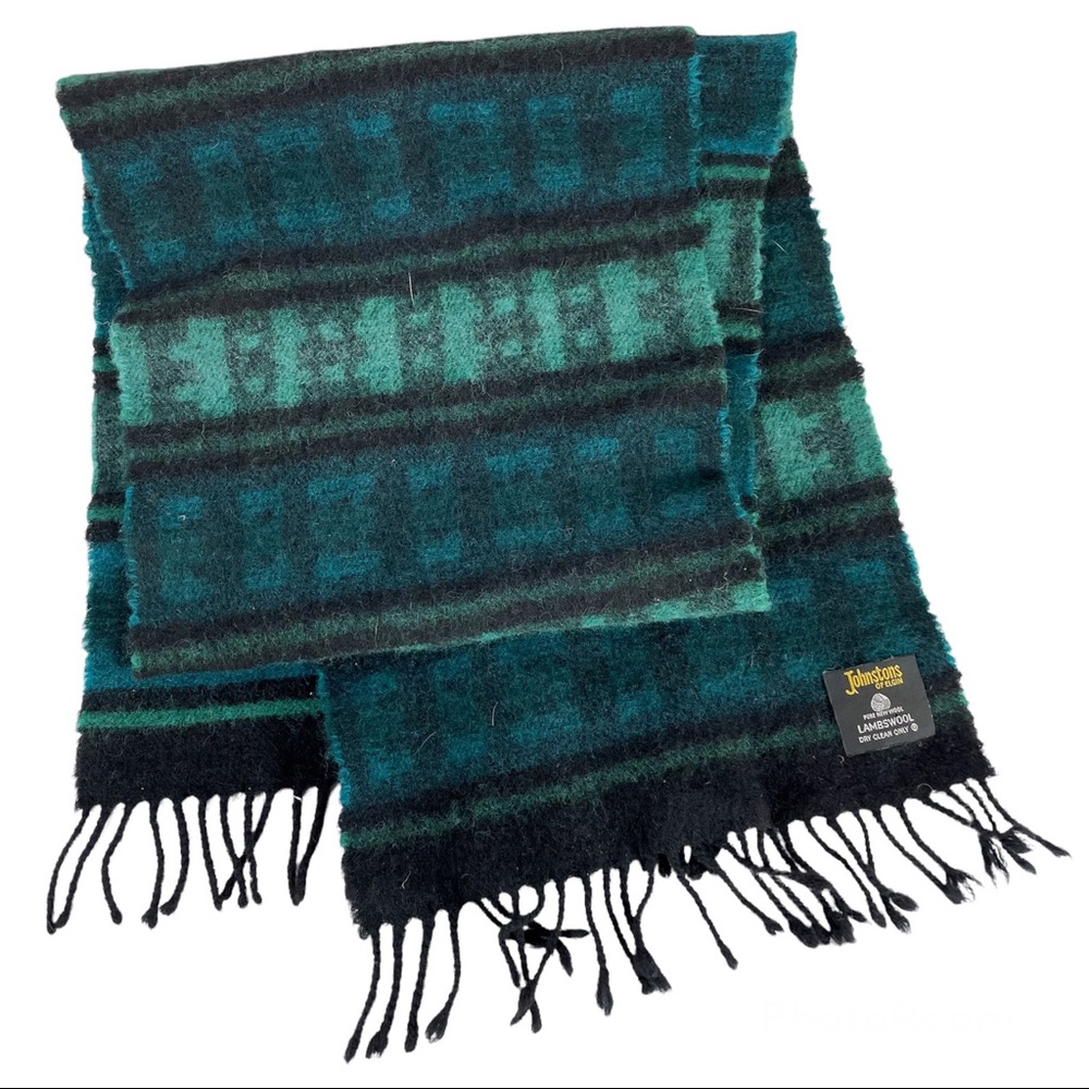 Johnstons of Elgin Lambswool Scarf Blue Green Black Stripe